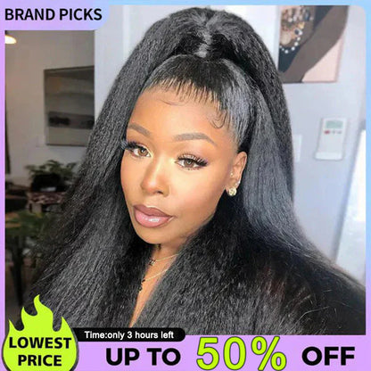 Sale Happening Now:50%OFF Pre-Cut Lace Kinky Straight 360 Full Lace Frontal Glueless Wig With Invisi Drawstring Pre Plucked Human Hair Wig