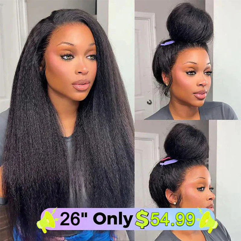 Sale Happening Now:50%OFF Pre-Cut Lace Kinky Straight 360 Full Lace Frontal Glueless Wig With Invisi Drawstring Pre Plucked Human Hair Wig